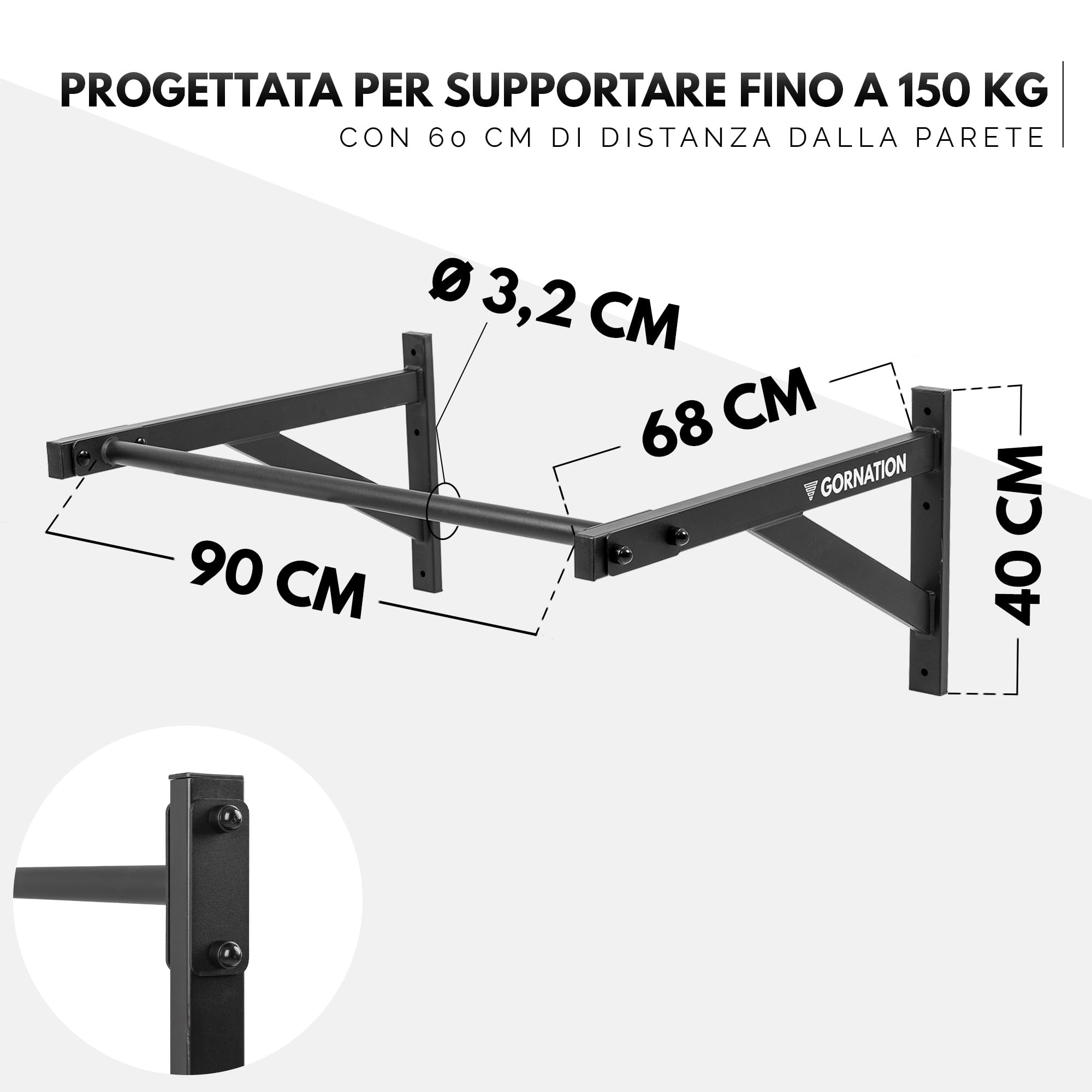 GORNATION Sbarra per Trazioni da Muro, Barra da Parete per Pull Up, Chin Up, Muscle Up e Addominali, Sbarra per Allenamento a Casa, Pull Up Bar Antiscivolo per Home Workout