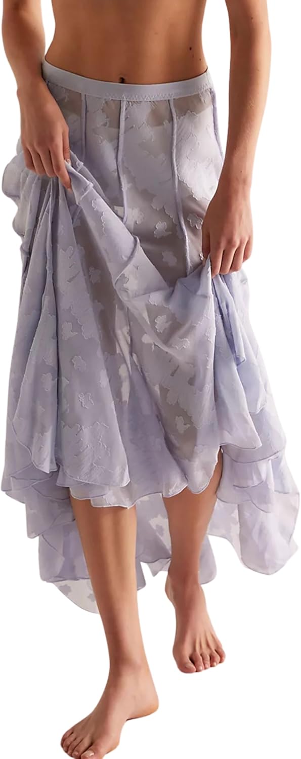 Women Lace See Through Long Skirts Semi Sheer Jacquard High Waist Half Slip Flowy Maxi Skirt for Beach