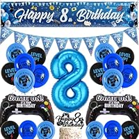 Video Game 8th Birthday Decorations - Blue Gaming Party Decor Happy 8th Birthday Banner Pennant Bunting, Cake Topper Number 8 and Controller Foil Balloons for Boys 8 Years Old Party Supplies