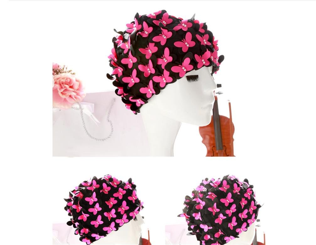 Swimming cap HLFrau Lange Haare Badekappe Für Erwachsene Gehörschutz Badekappe Bequem Handgenähten Perle Blume, Rose Red,Rose red