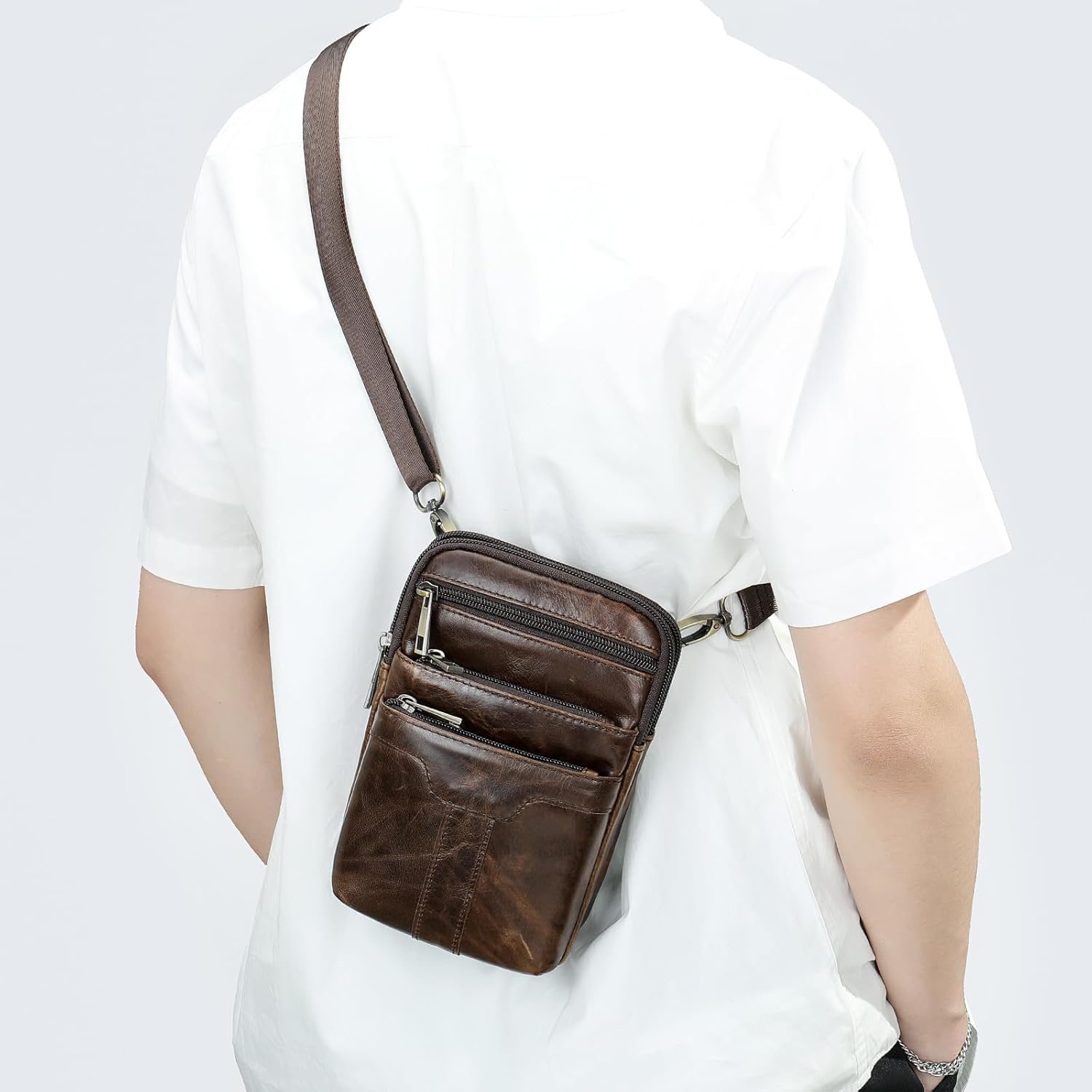 Cell Phone Shoulder Bag Leather Men, Waterproof Phone Waist Bag Messenger Bag Crossbody Purse with Belt Loop Wallet Case