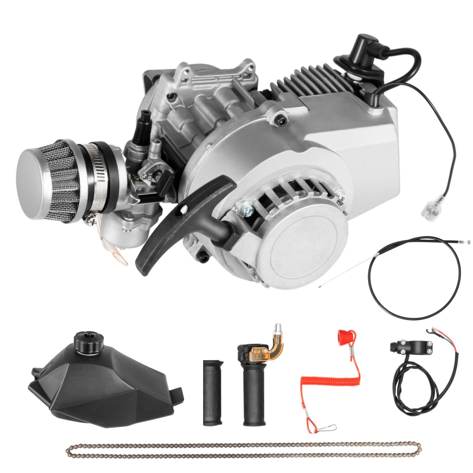 Moteur 2 temps monocylindre 49CC 2 temps Moteur refroidi par air pour motos 2 temps avec démarreur manuel, allumage électronique avec réservoir de carburant pour Dirt Bike, ATV, scooter (STOCK