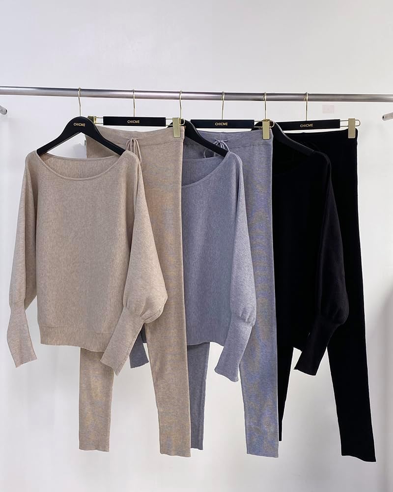 CHICME 2 Piece Lounge Outfit Long Sleeve Knit Pullover Tops Drawstring Pants Set Tracksuit Sweatsuit - Image 7