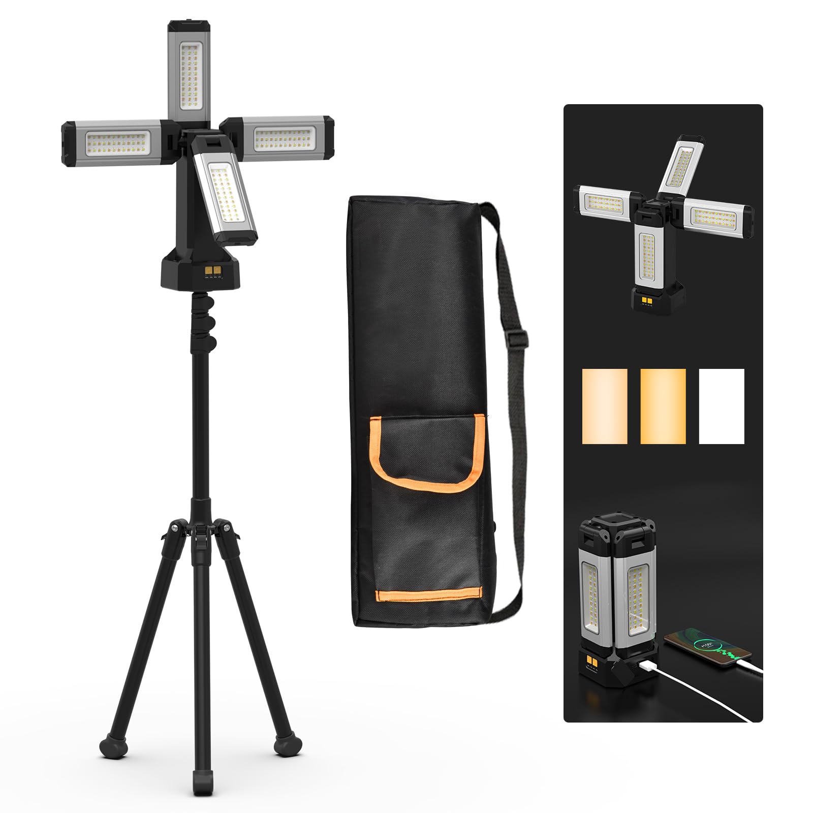 Faretto a Batteria Ricaricabile in Alluminio da 13200 mAh, con Supporto Pieghevole e Borsa per il Trasporto, Faro da Cantiere 8000 Lumen Dimmerabile