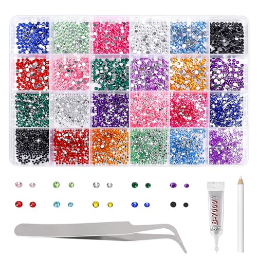 Resin Rhinestones Kits 12 Colors 2mm and 3mm Flatback Round Rhinestones with 1 Tweezers Glue Pen Bedazzling Non Hotfix Crystal Gems for Craft Nail Art Face Makeup Tumblers Mugs Clothing