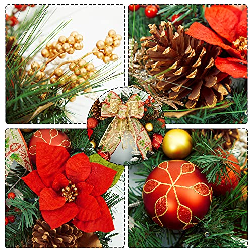 24" Prelit Christmas Wreath with Lights, Battery Operated Xmas Garland with Decorations, Wreath for Front Door Porch Wall Window Fireplace Outdoor Home Holiday Accent