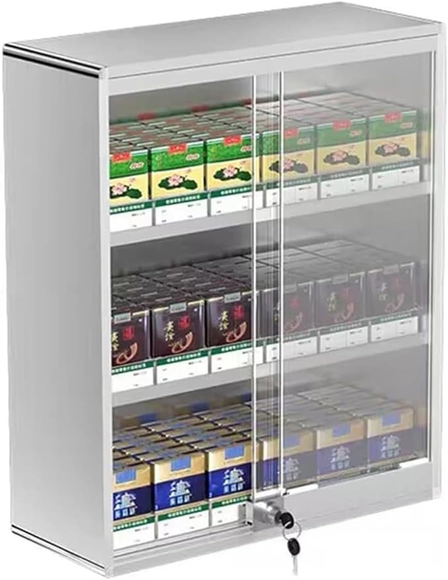 Wall Mounted Cigarette Display Rack, Auto Cigarette Pusher with Locking Sliding Door, Cigar Retail Organizer Shelf - Silver, 56.5x28.8x75cm for Shops