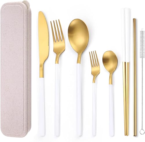 Miniatura 48 de AARainbow Juego de cubiertos de acero inoxidable de 8 piezas, portátil, reutilizable, juego de utensilios de viaje, incluye palillos, cuchillo