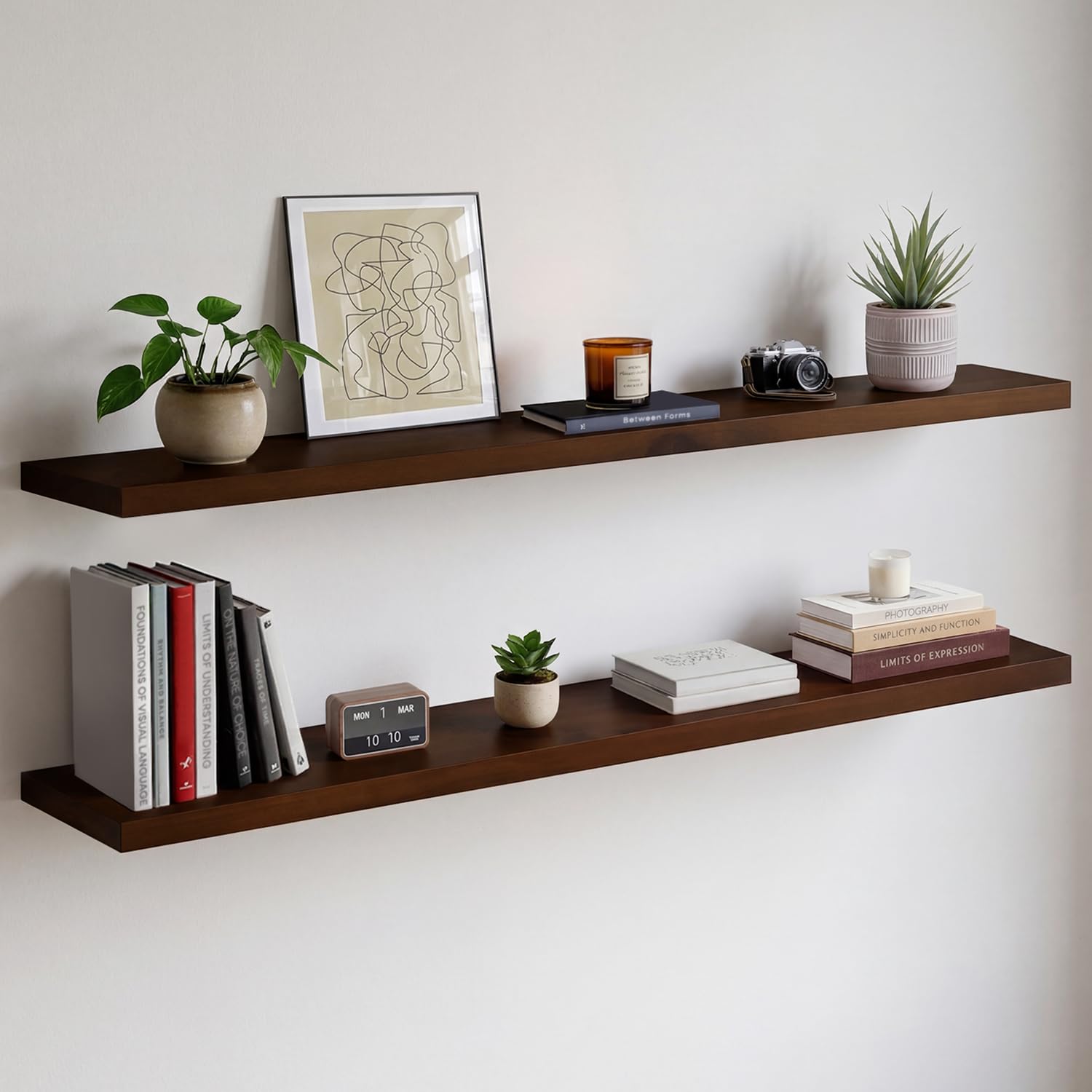 Photo 1 of Homeforia Walnut 60 inch Floating Shelf, High End Solid Real Wood 60inch Long Floating Shelf for Wall, Dark Brown Wooden 60in Large Floating Shelves, Heavy Duty Bracket, 60 X 6.5 X 1.75 inch, Set of 2