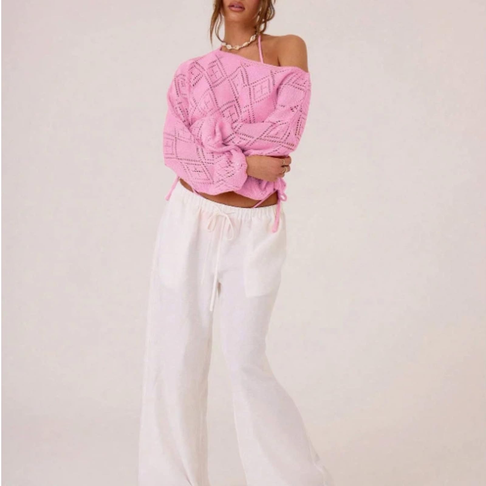 Top Crop tricoté décolleté, Pull Manches Longues ajouré