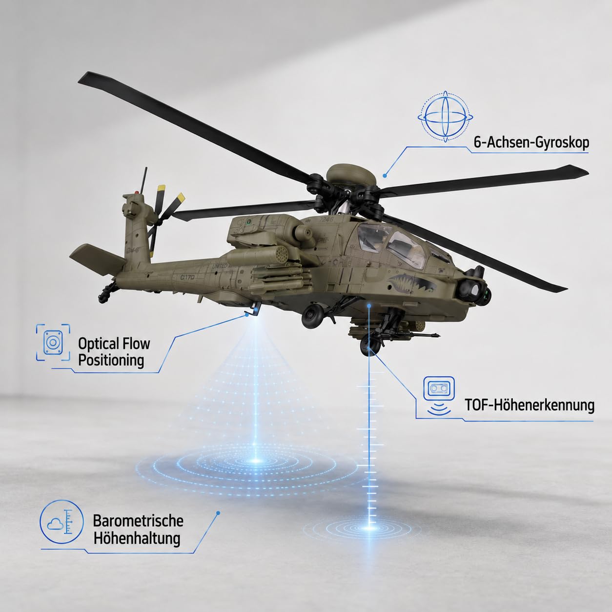 Elicottero radiocomandato C170 AH-64D, scala 1/48, 6 canali, senza spazzole, con sistema Flybarless, flusso ottico, TOF, mantenimento dell'altezza, elicottero radiocomandato per adulti