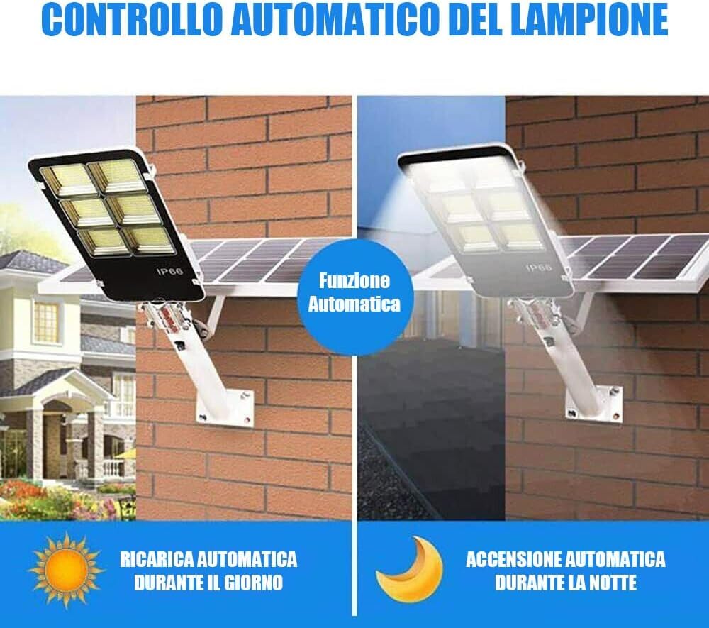 LAMPIONE SOLARE 600W FARO LED SMD CON PANNELLO SOLARE TELECOMANDO SENSORE CREPUSCOLARE ILLUMINAZIONE IP65 COLORE BIANCO FREDDO 6550K KIT DI 2 PEZZI