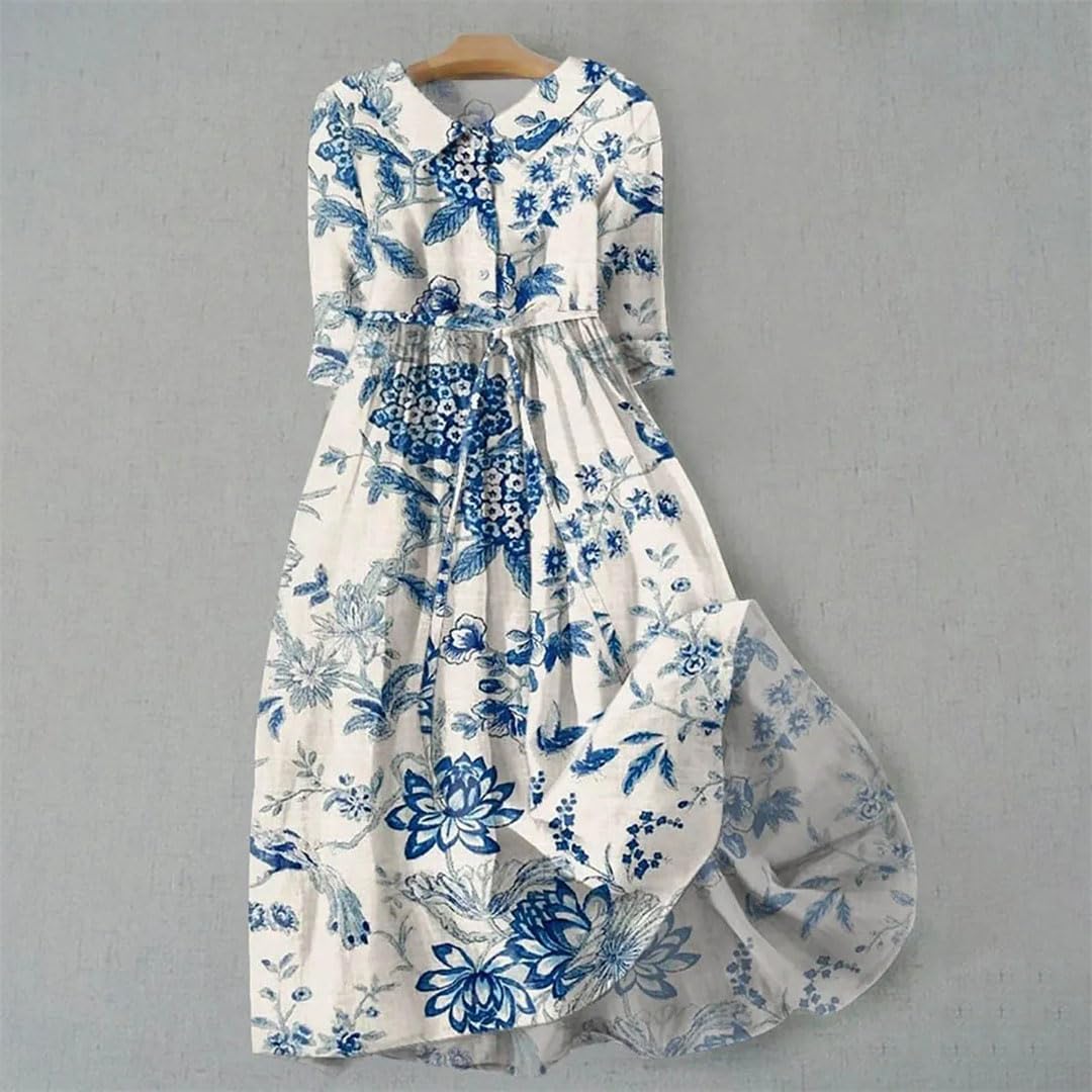 Maxi abito da donna con stampa floreale retrò per abiti lunghi con risvolto slim abiti a tunica coreana