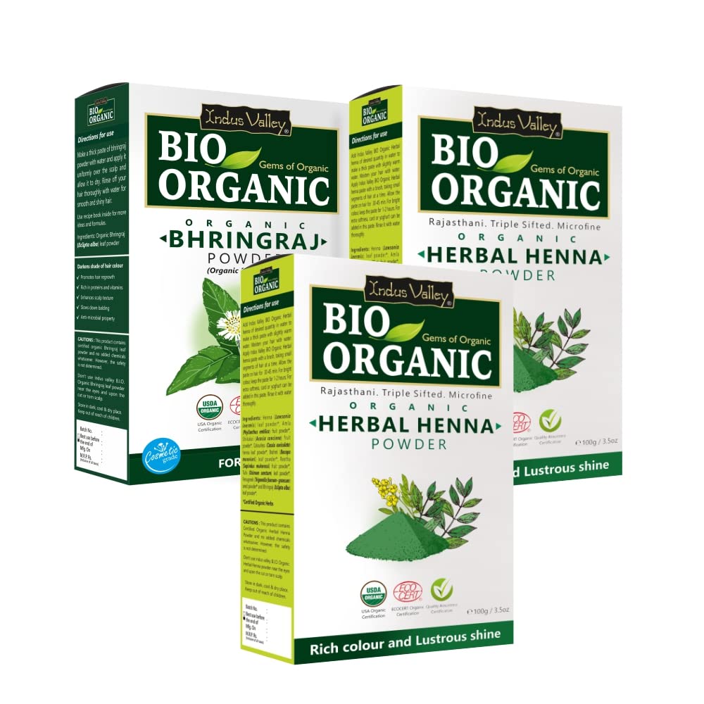 INDUS VALLEY Bio Organic Natural And Pure Bhringraj Powder | Eclipta alba with Herbal Henna Powder Set of 2 for Hair Care - (100g*3 =300g)-picture-26