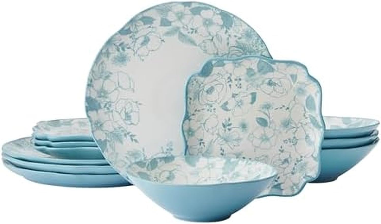 Pfaltzgraff Garden Blossom Floral 12 Piece Plate Bowl Dinnerware Set, Blue