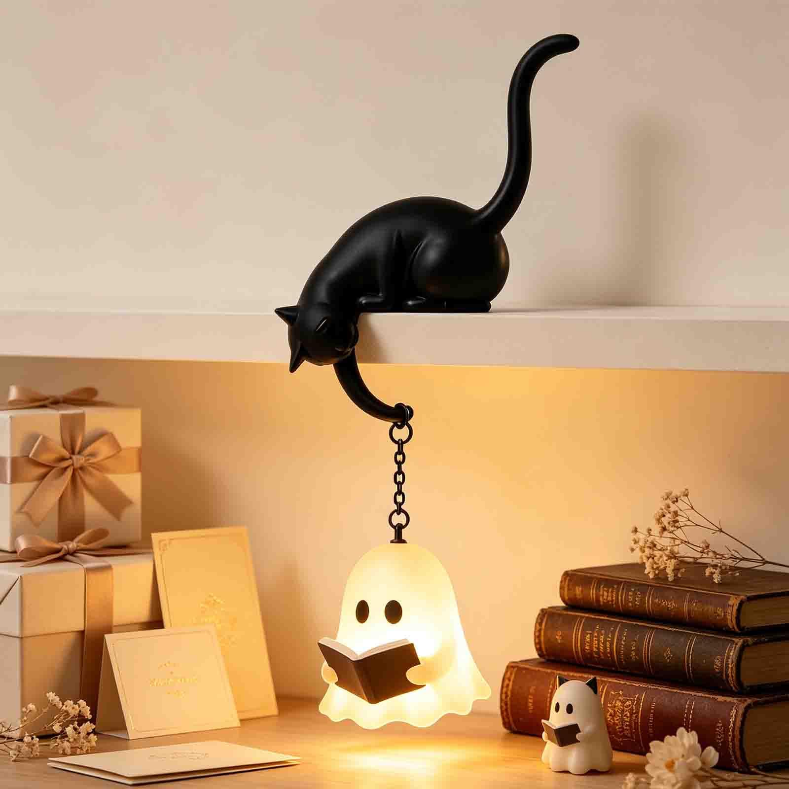 Cat Bookshelf Lantern, Cat with Lantern Shelf Decor Hook Night Light (#C)