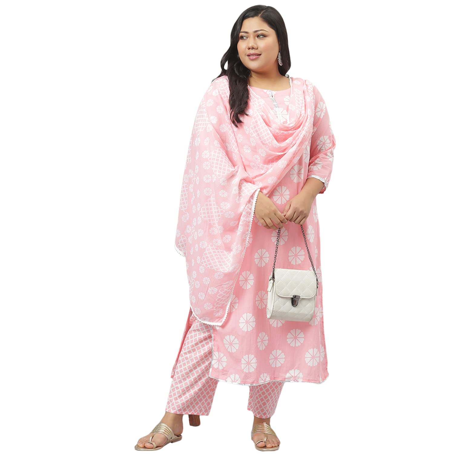 Stylum Women's Plus Size Cotton Printed Straight Kurta Pant Dupatta Set (Light Pink)