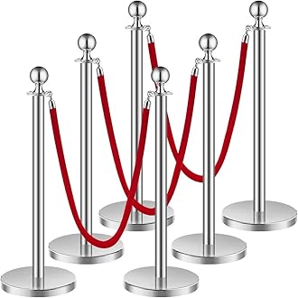 VEVOR Stanchions and Velvet Ropes 6Pcs, Hollow Base with Stainless Steel Post, 3 Red Velvet Ropes and Posts, Crowd Control Barriers Silver Stanchions, Red Carpet Runner Poles for Party Supplies