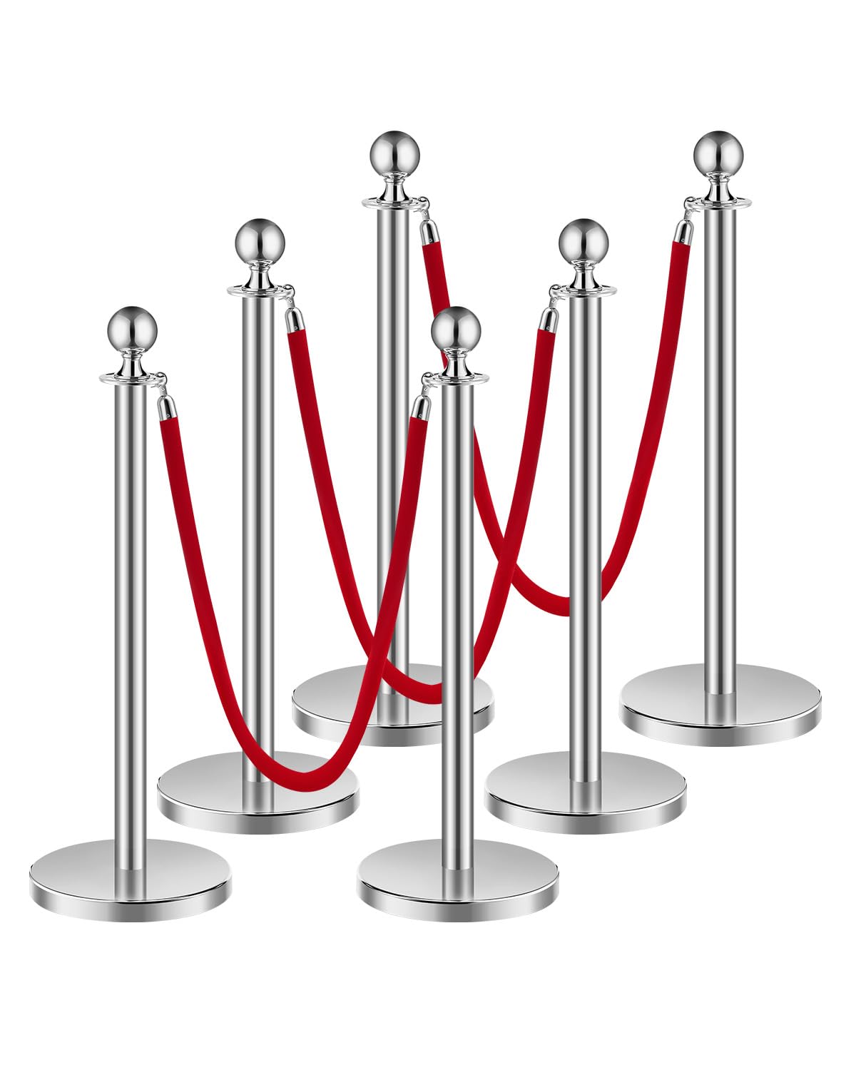 VEVORStanchions and Velvet Ropes 6Pcs, Hollow Base with Stainless Steel Post, 3 Red Velvet Ropes and Posts, Crowd Control Barriers Silver Stanchions, Red Carpet Runner Poles for Party Supplies
