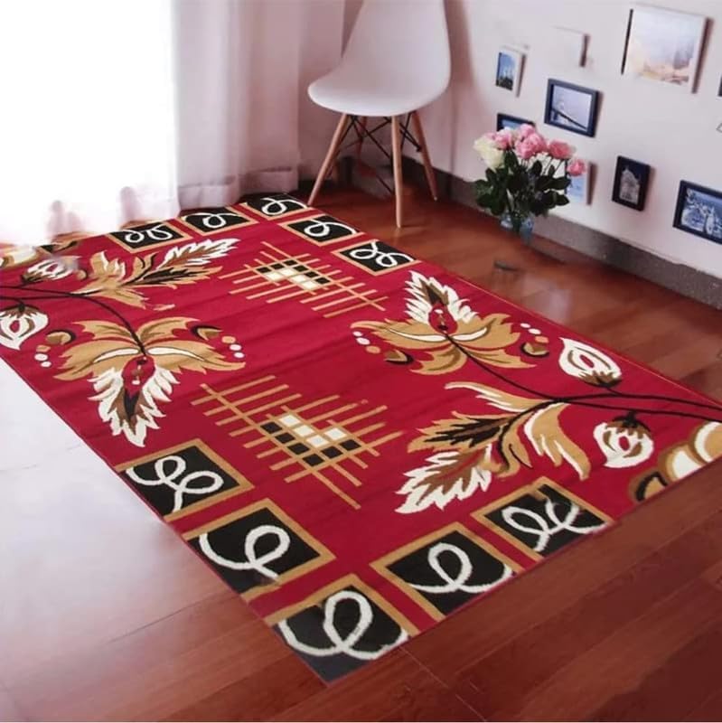 Image of Floral Design Acrylic Polyester Carpet for Living Room 6x8 Feet Color Red(180x240Cm), Large Rectangle