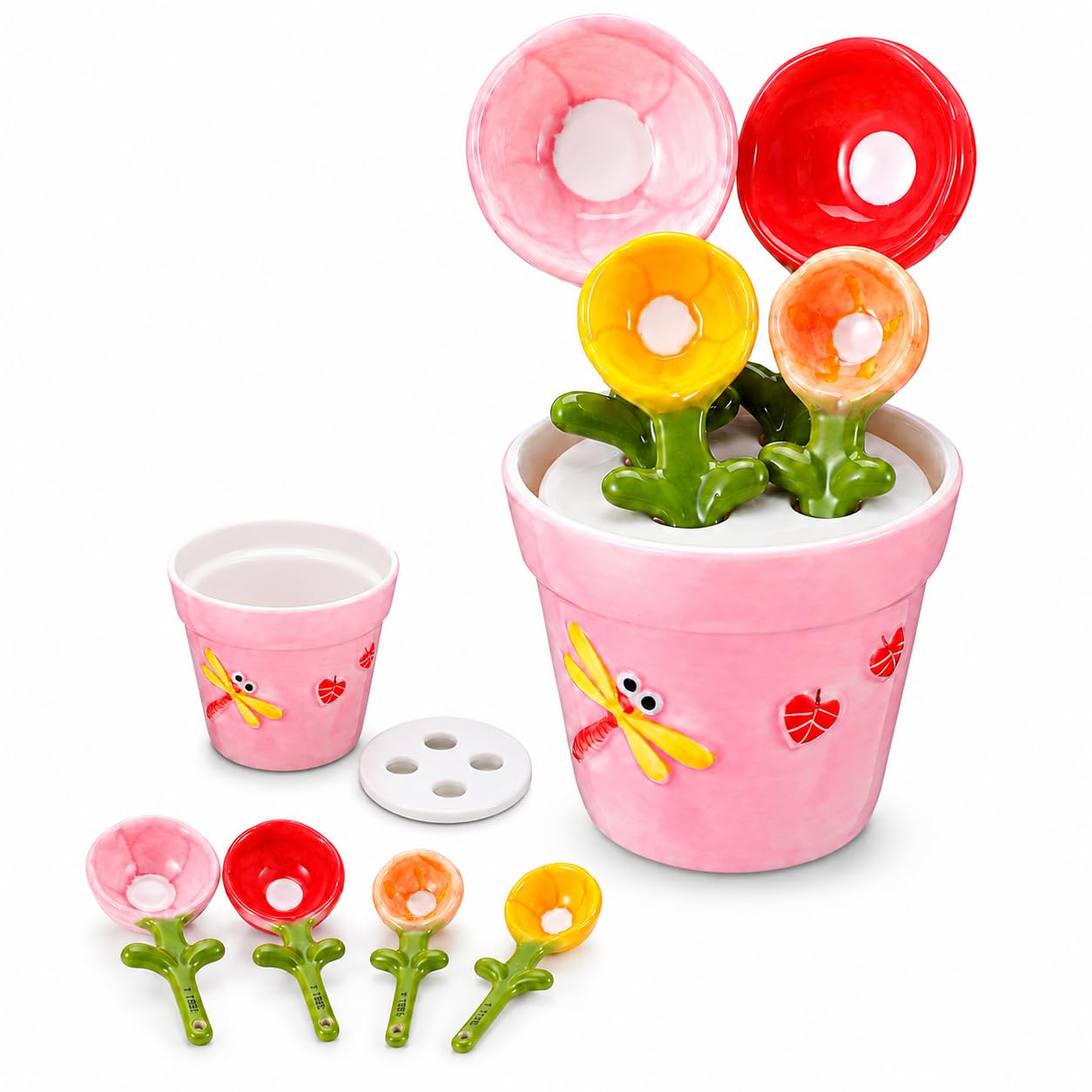 Street27 Ceramic Measuring Spoons Set with Flower Pot Holder | 4 Piece Measuring Spoon Set for Baking, Coffee, Tea, Dry & Wet Ingredients | Decorative Kitchen Measuring Tools (Dragonfly)-image-12