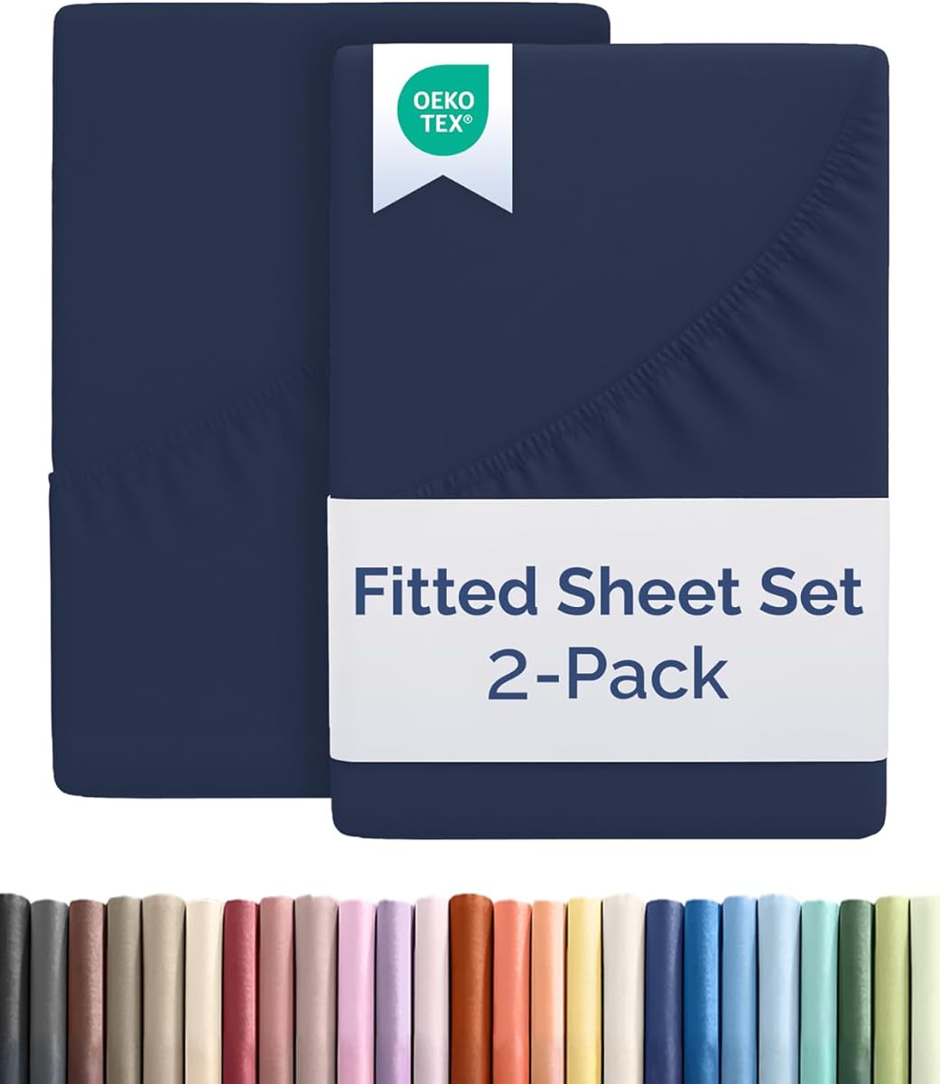 Cal King Size Fitted Bed Sheet - Pack of 2 Single Fitted Bottom Sheet Only - Fits Mattress Up to 16" Deep Pockets - Extra Soft, Breathable & Cooling - Hotel Quality, Fade and Wrinkle Free - Navy Blue