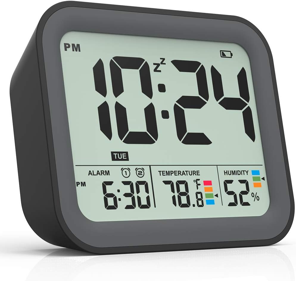 Battery Operated Digital Alarm Clock, Dual Smart Alarm with Workdays/Weekends Setting, Loud Alarm, Snooze, Small Travel Clock with Indoor Thermometer/Hygrometer, Dimmable LED Backlight, Handheld Size
