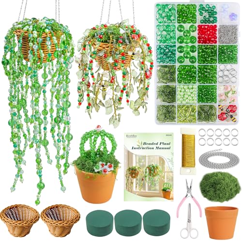 Ecoofor Green Beads Beaded Plant Kit Makes 3 Plant Pots Glass & Crystal Leaf Pieces Video Tutorials Included Handmade Gift for Plant Lovers Beaded Plant Kit