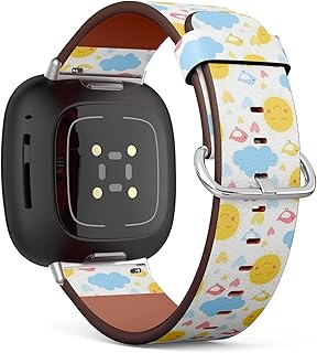 CJBROES Replacement Leather Watch Band, Compatible with Fitbit Versa 3 and Fitbit Sense of Wristband Bracelet Accessory - Cartoon Sun Cloud Heart Bird