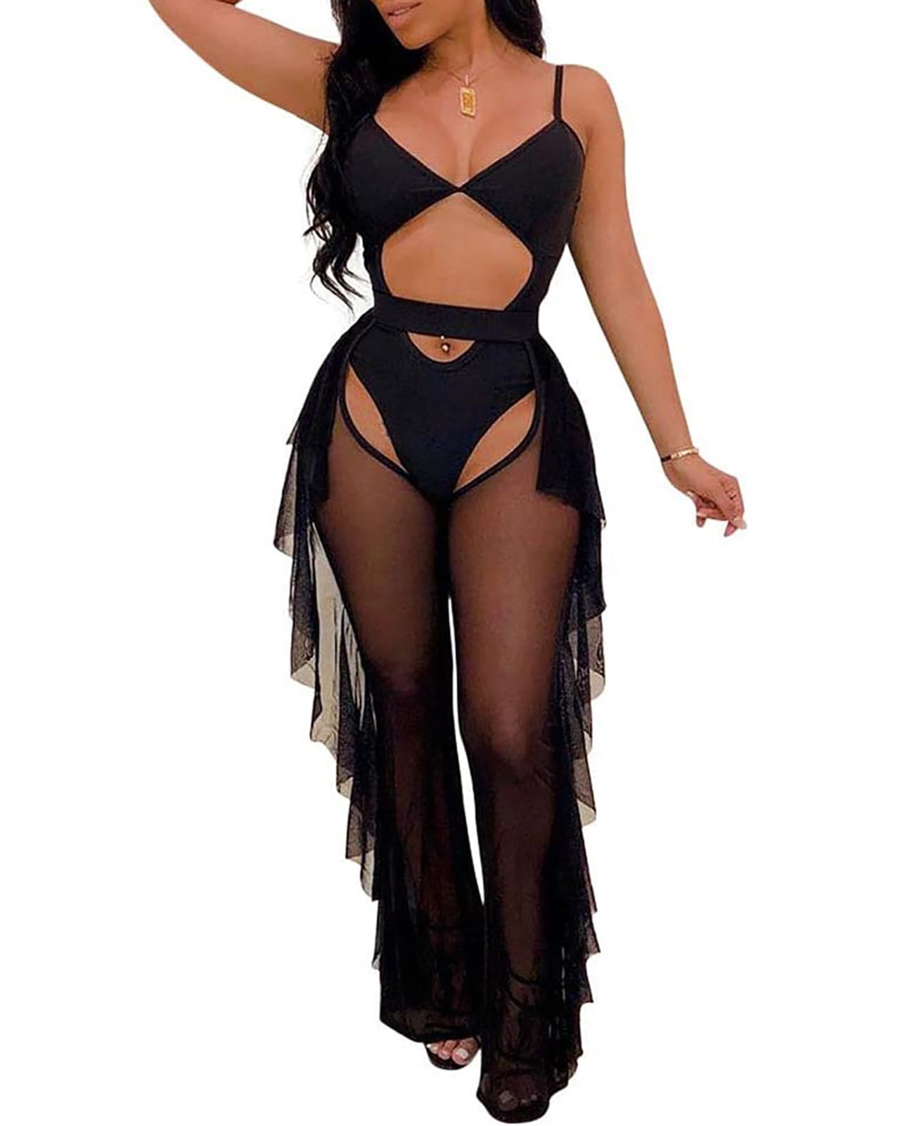 Women 2 Piece Outfits Bikini Swimsuit - Sexy See Through Mesh Crop Top Ruffle Long Pant Jumpsuits Beach Cover Up