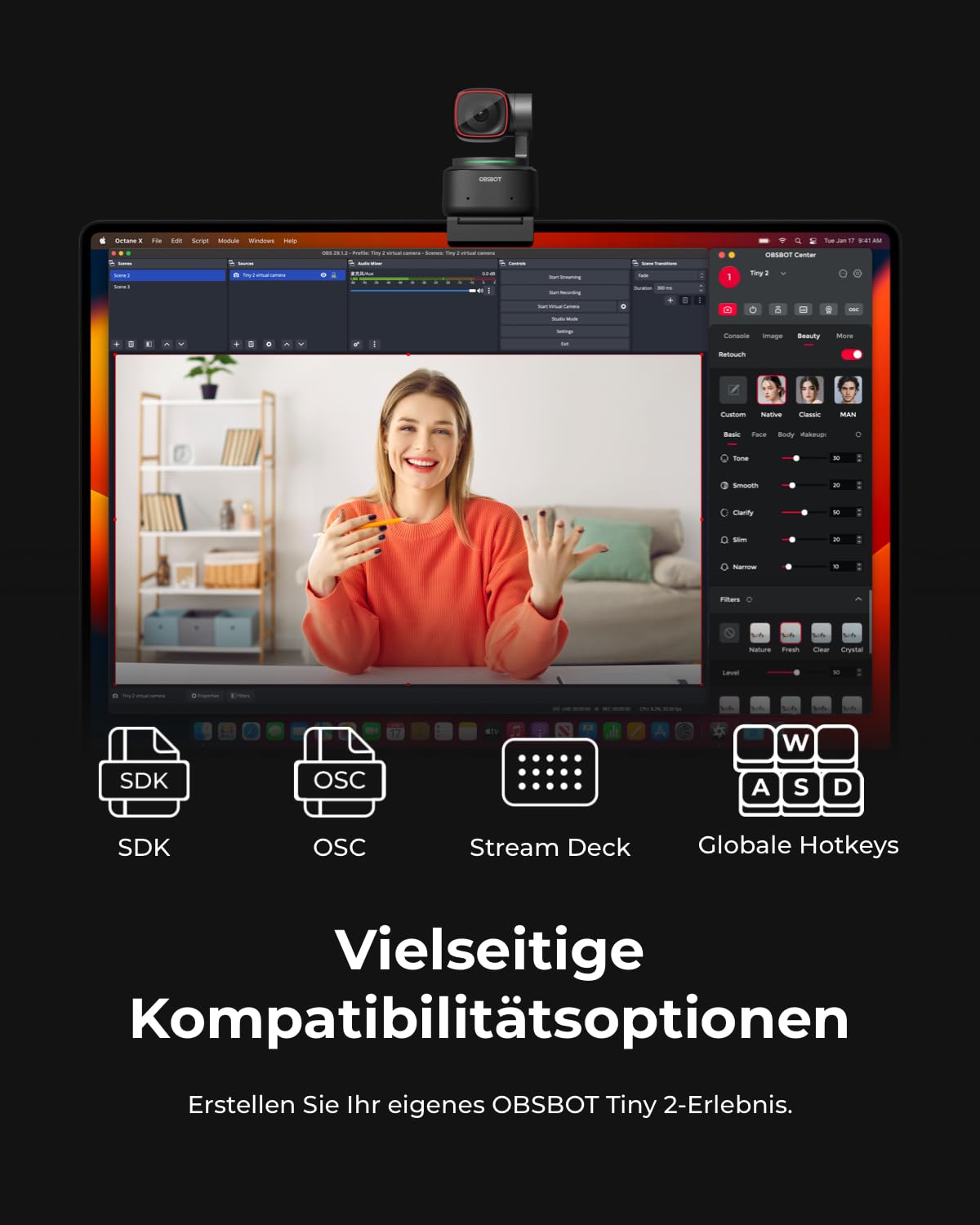 OBSBOT Tiny 2 - PTZ 4K Webcam mit KI-Tracking, Sprachsteuerung, Gestensteuerung, Autofokus, USB3.0, Mehreren Modi, Webcam für PC, Konferenzen, Streaming, Videotelefonate, Zoom.
