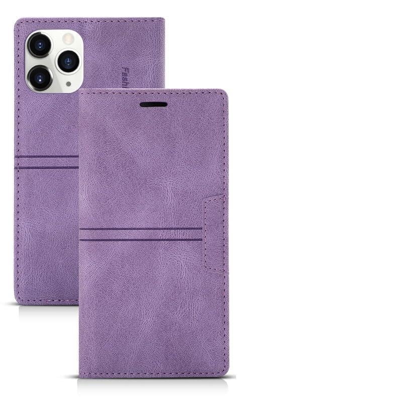 Étui en cuir iPhone 16 E violet idéal en voyage avec rabat de protection