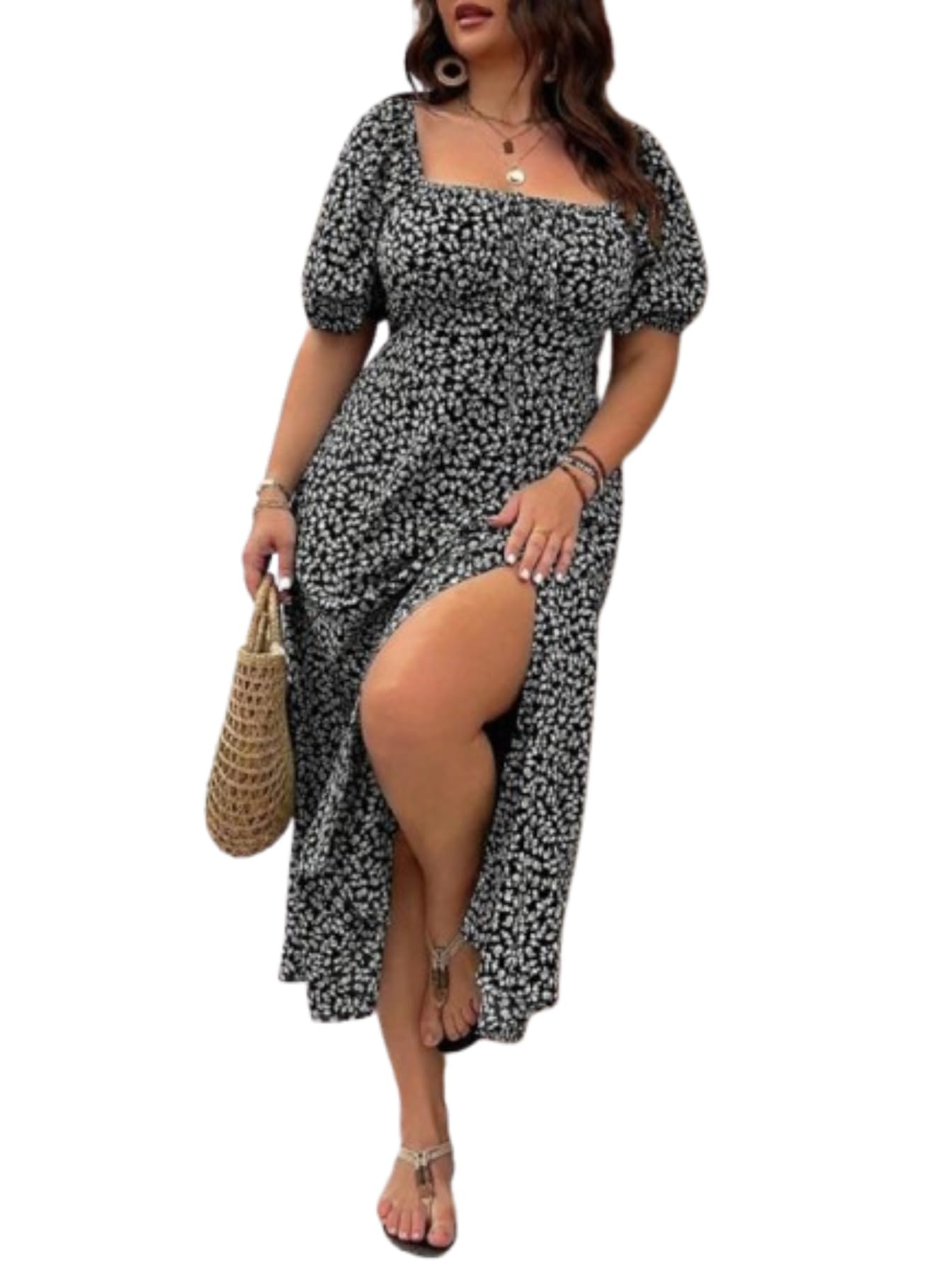 Plus Size Ditsy Floral All Over Print Split Thigh Dress, Casual Puff Sleeve