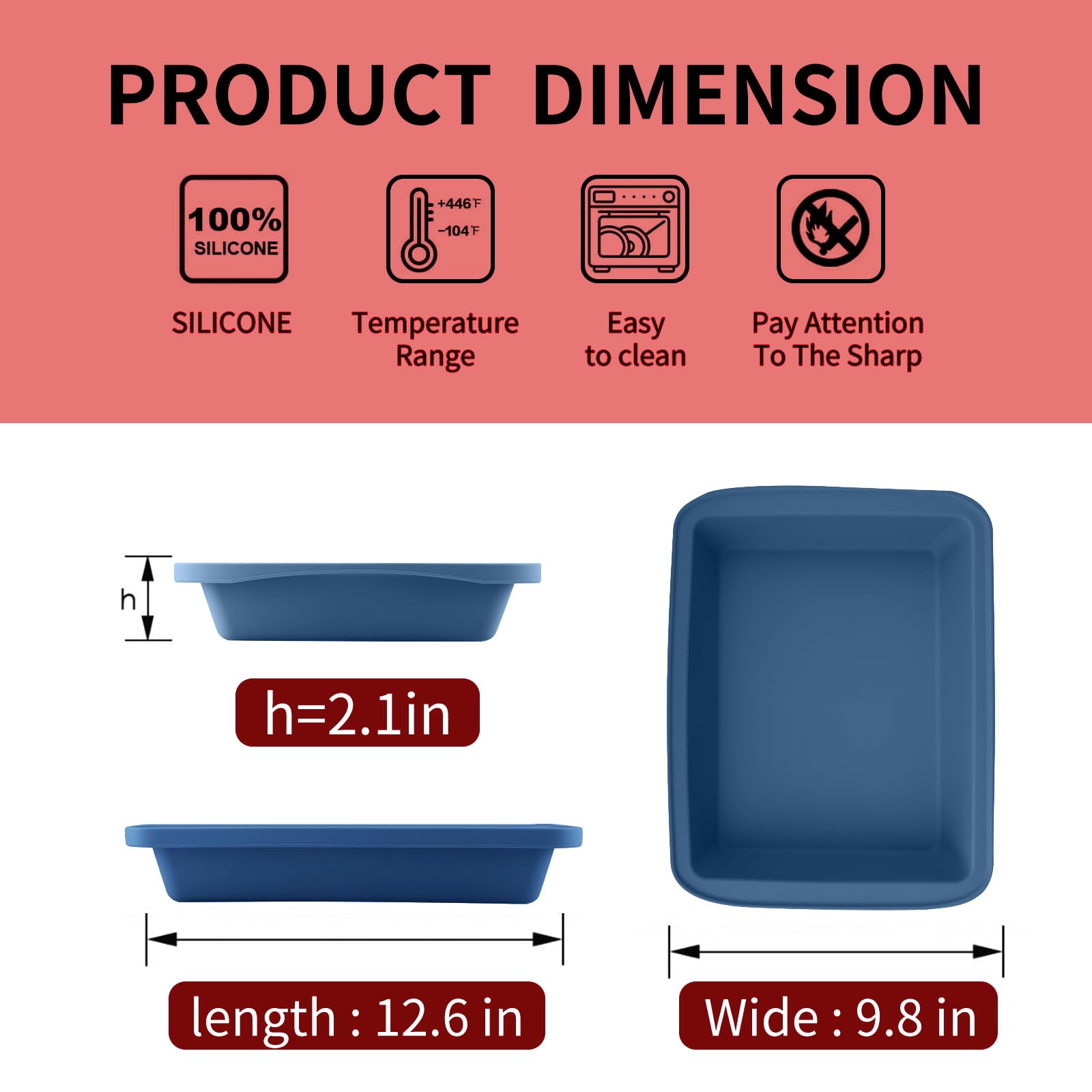 Sunsetbaby Molde rectangular de silicona para hornear, con asas, compatible con Fancy Panz, para lasaña, pastel, brownie o cena familiar, 12.6 x 9.8 x 2.1 pulgadas (paquete de 2, azul clásico)