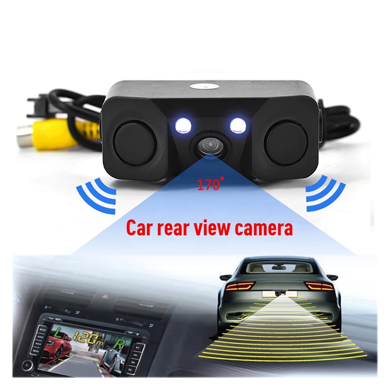 Sensor De Aparcamiento For Coche 3 En 1, Cámara De Visión Trasera De Marcha Atrás con 2 Sensores De Detector De Radar, Indicador De Zumbador, Alarma, Cámara De Coche