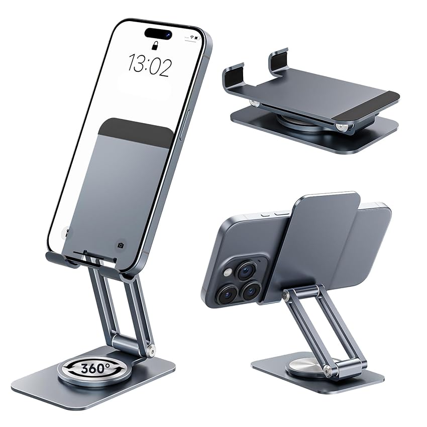 NEUTYPECHIC Porta Cellulare da Tavolo 360° Regolabile, Supporto Telefono da Tavolo in Alluminio per Smartphone e Tablet, Porta Telefono Scrivania con Tappetino Antiscivolo in Silicone, Grigio