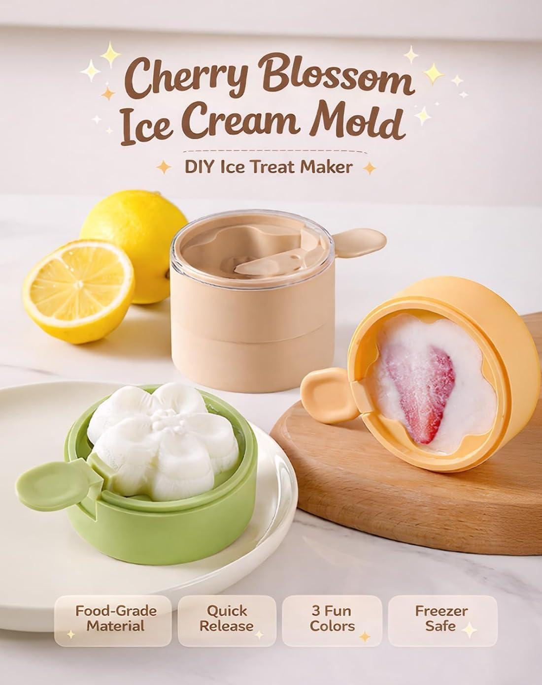 Flower-Shaped Silicone Ice Cream Mold, Fun Flower Ice Cream Mold, Stackable Popsicle Molds with Sticks, Easy Release Reusable Silicone Ice Pop Maker for Homemade Popsicles, Ice Cream (Apricot*2)