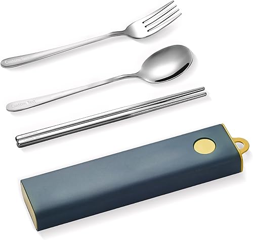 Muka Juego de 3 utensilios portátiles personalizados de acero inoxidable, palillos, tenedor, cuchara, juego de cubiertos de viaje con logotipo y
