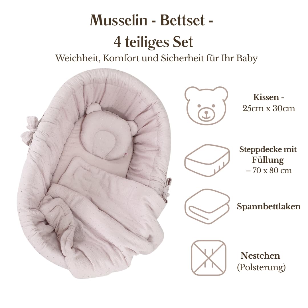 WIKLINOPOL - Moisés completo con cesta de moisés natural, colchón y ropa de cama de algodón 100% en color lila dorado, espacio seguro para dormir con ruedas y freno, modelo Amelia