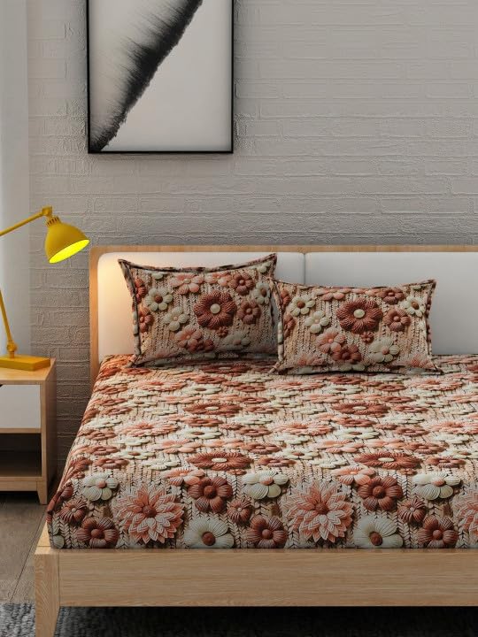Image of Queen Size Fitted Bedsheet with 2 Pillow Covers | 7D Printed Double Bed Sheet | Soft Cotton Feel, Wrinkle Free & Fade Resistant | Elastic Fit (Coffee7D, Fitted Queen-60x78)