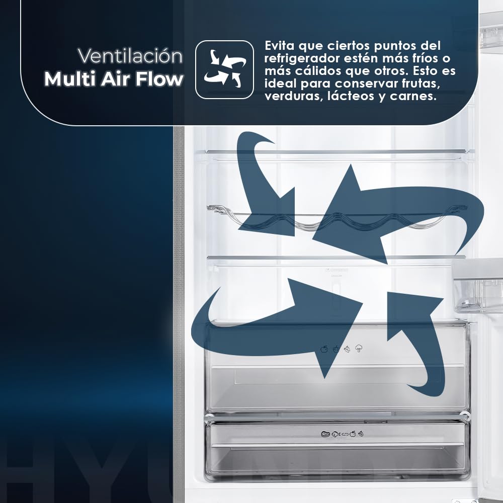 Hyundai Frigorífico Combi Inox, 2 Puertas HCB18560NCDI01, Capacidad 323 Litros, No Frost, Multi Air Flow, Bajo Nivel Sonoro, Puerta Reversible, Clasificación Energética C
