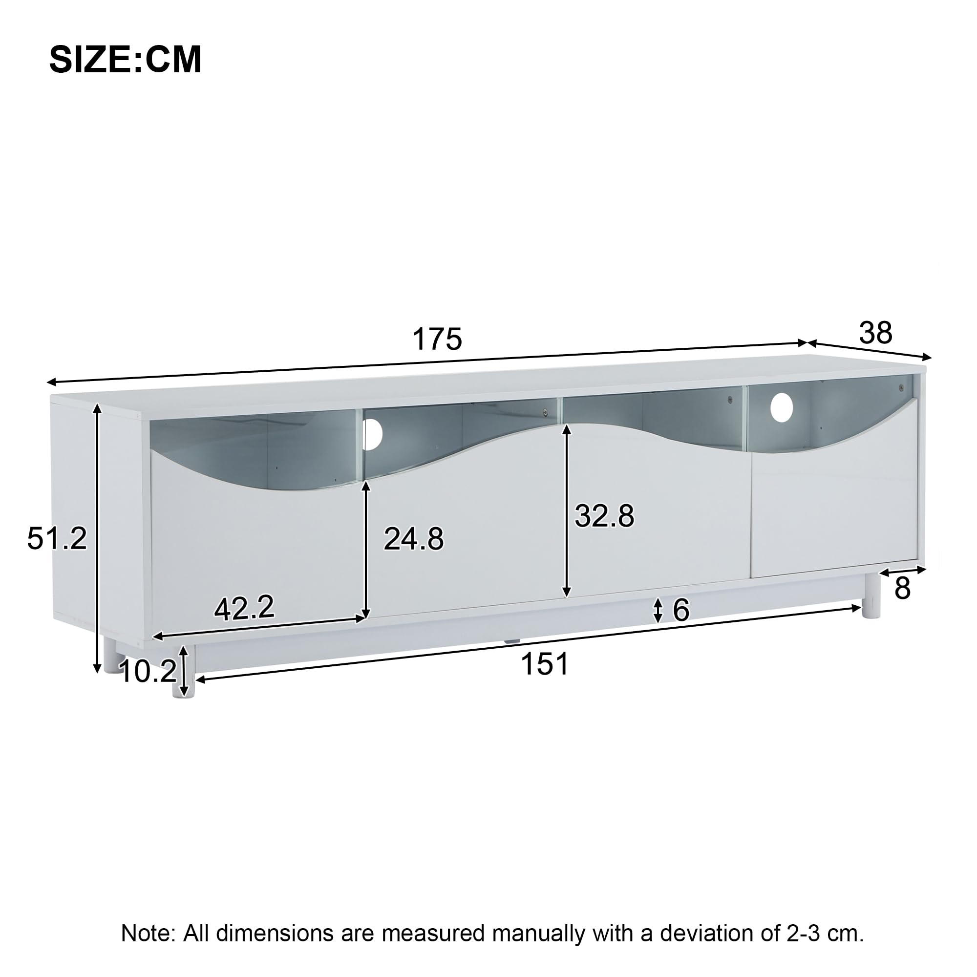Mobile TV dal design curvo, porta dell'armadio in vetro temperato, illuminazione a LED, lucido, adatto come mobili da intrattenimento, camera da letto, soggiorno, bianco, 175 x 38 x 51 cm