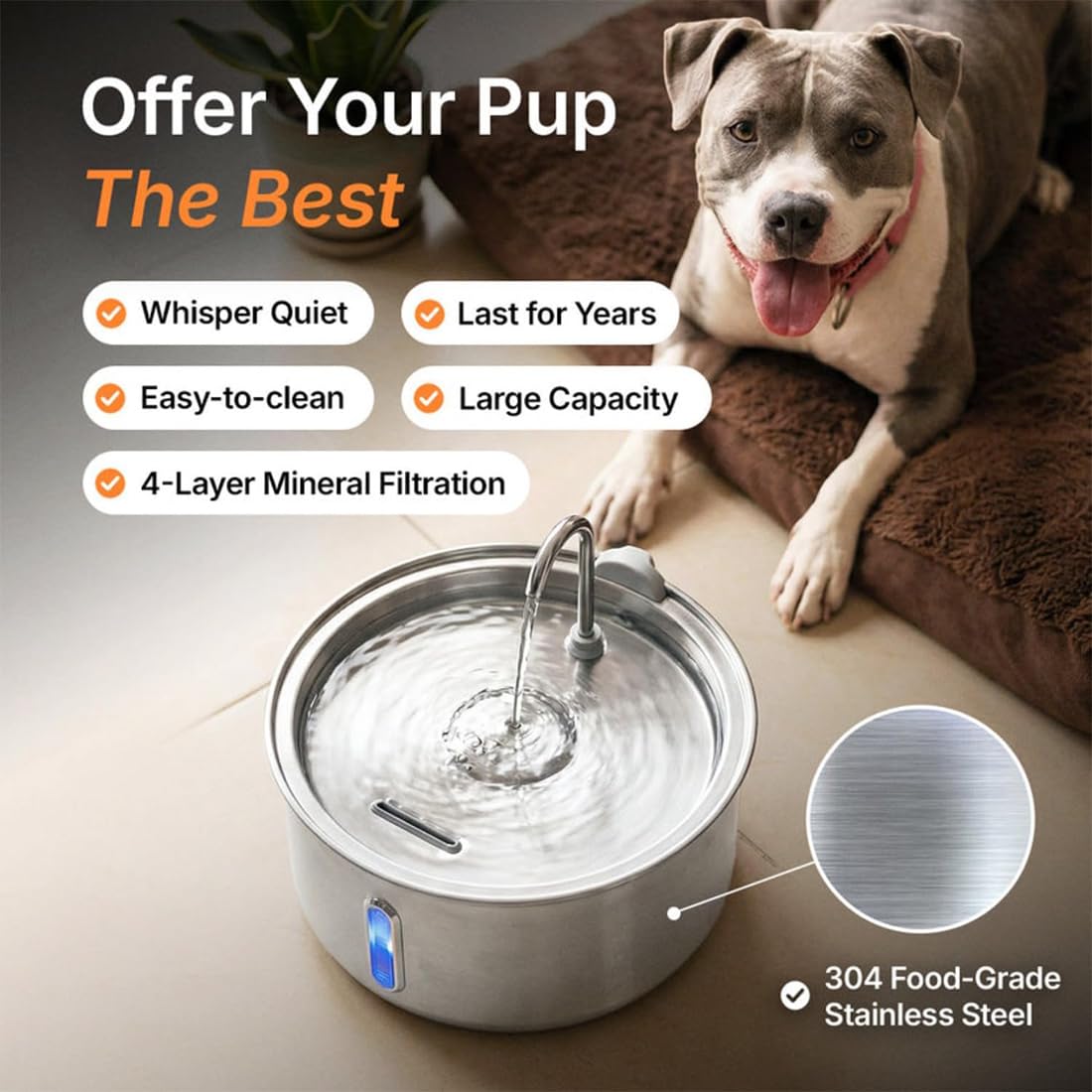 La Fuente para Perros, Fuente De Agua para Perros De Acero Inoxidable con Nivel De Agua Visible,Sistema De Filtración Triple Y Bomba Ultra Silenciosa para Perros Y Gatos (4 Filter Kit)
