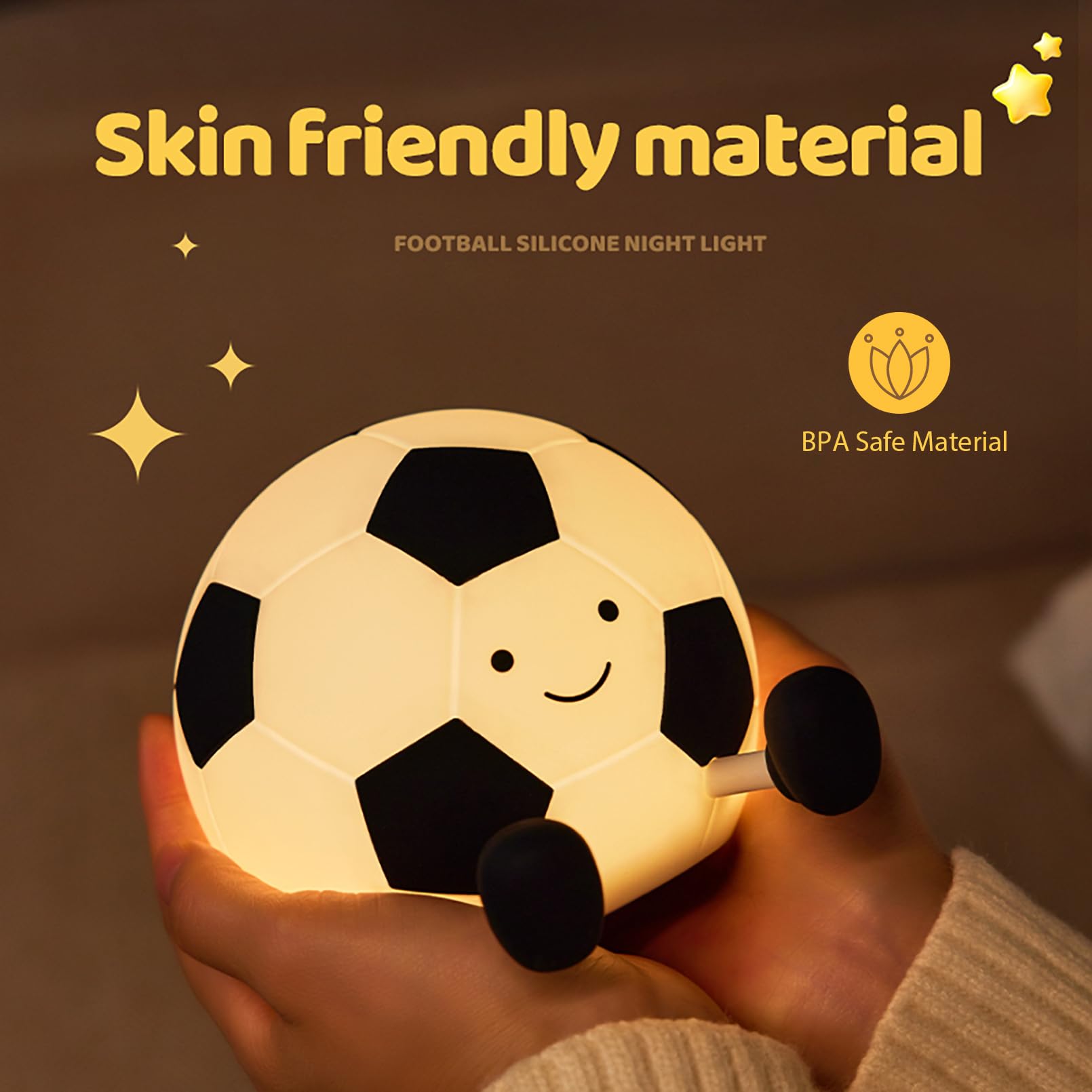 Luz nocturna de fútbol para niños, bonita lámpara de noche de fútbol | 3 niveles de brillo, silicona suave, temporizador de 30 minutos, control de grifo, recargable por USB