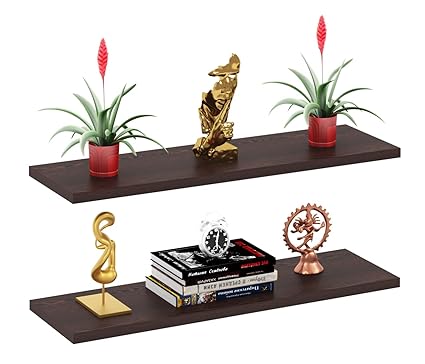 Mahaakaay Wooden MDF Wood Display Wall Decor Shelf Shelves Racks Set of 2 12x40 CM Wenge Living Room Office Kitchen Multipurpose Show Self Stand Library Furniture