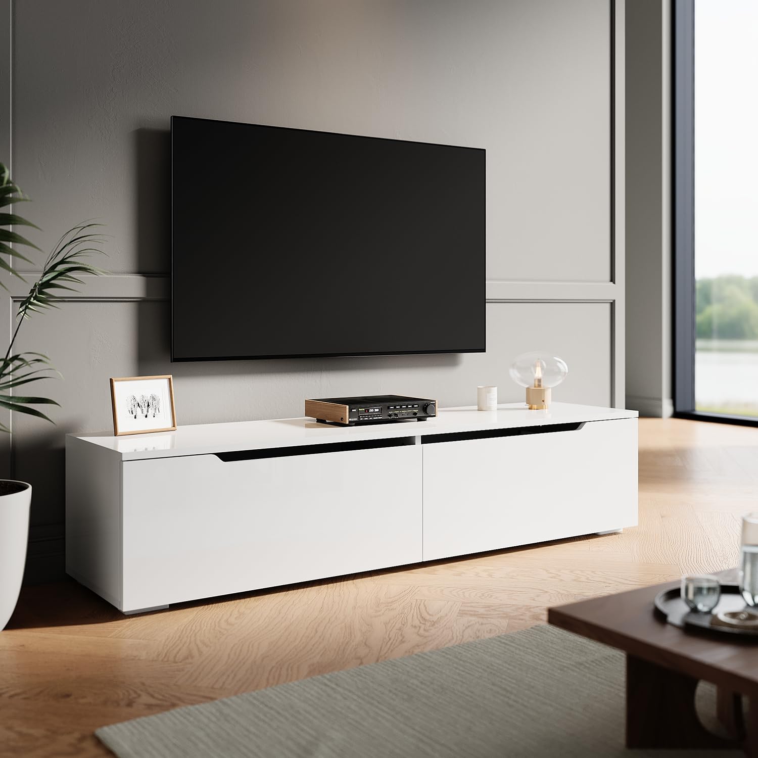 ZANOFIRA Floating TV Stand Cabinet Unit with 16 RGB LED Lighted, High Gloss White Wall Mounted TV Cabinet with Pull-Down Door, Modern TV Stand with Storage Shelves for Living Room, 1000x350x300mm — image 1