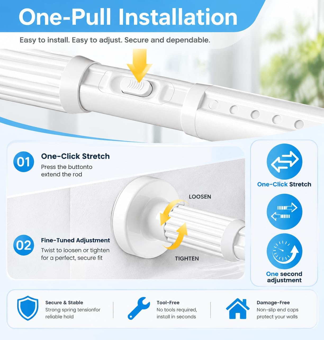 AIZESI 21-79 Inch One‑Touch Lock No Drill Tension Shower Curtain Rod, White