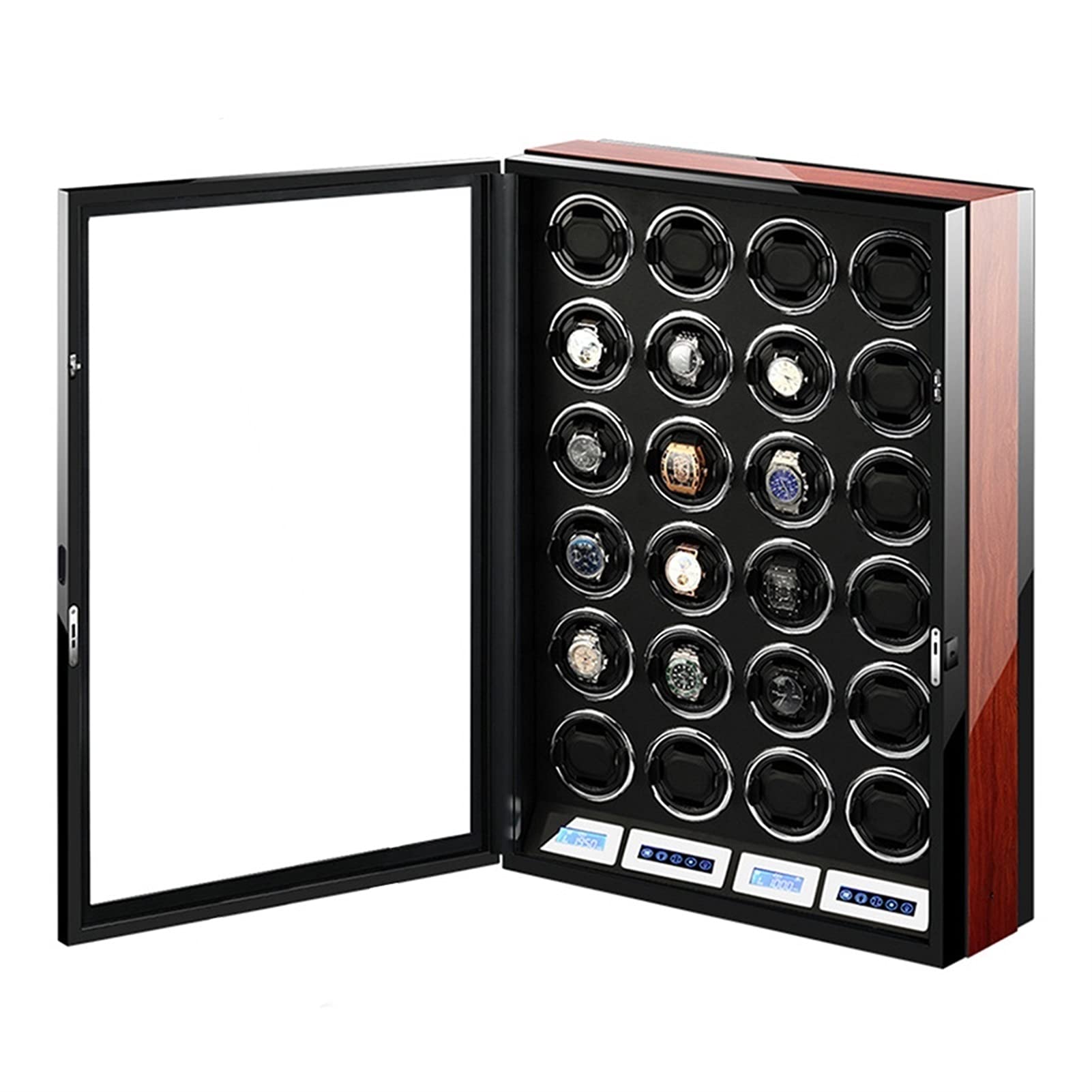 Caricatori per Orologi Automatici con Display LCD Touchscreen, Finitura in Legno, Illuminazione Integrata, vani di Carica alimentati da Un Motore Estremamente Silenzioso.