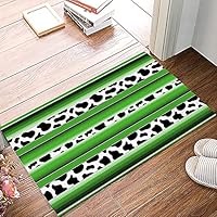 Front Door Mat 16\"x24\" Welcome Mats Microfiber Floor Mat Rubber Backing Non Slip Shoe Scraper Washable Outdoor Doormat for Entryway (Black White Cow Pattern Animal Skin with Green Stripes Print)