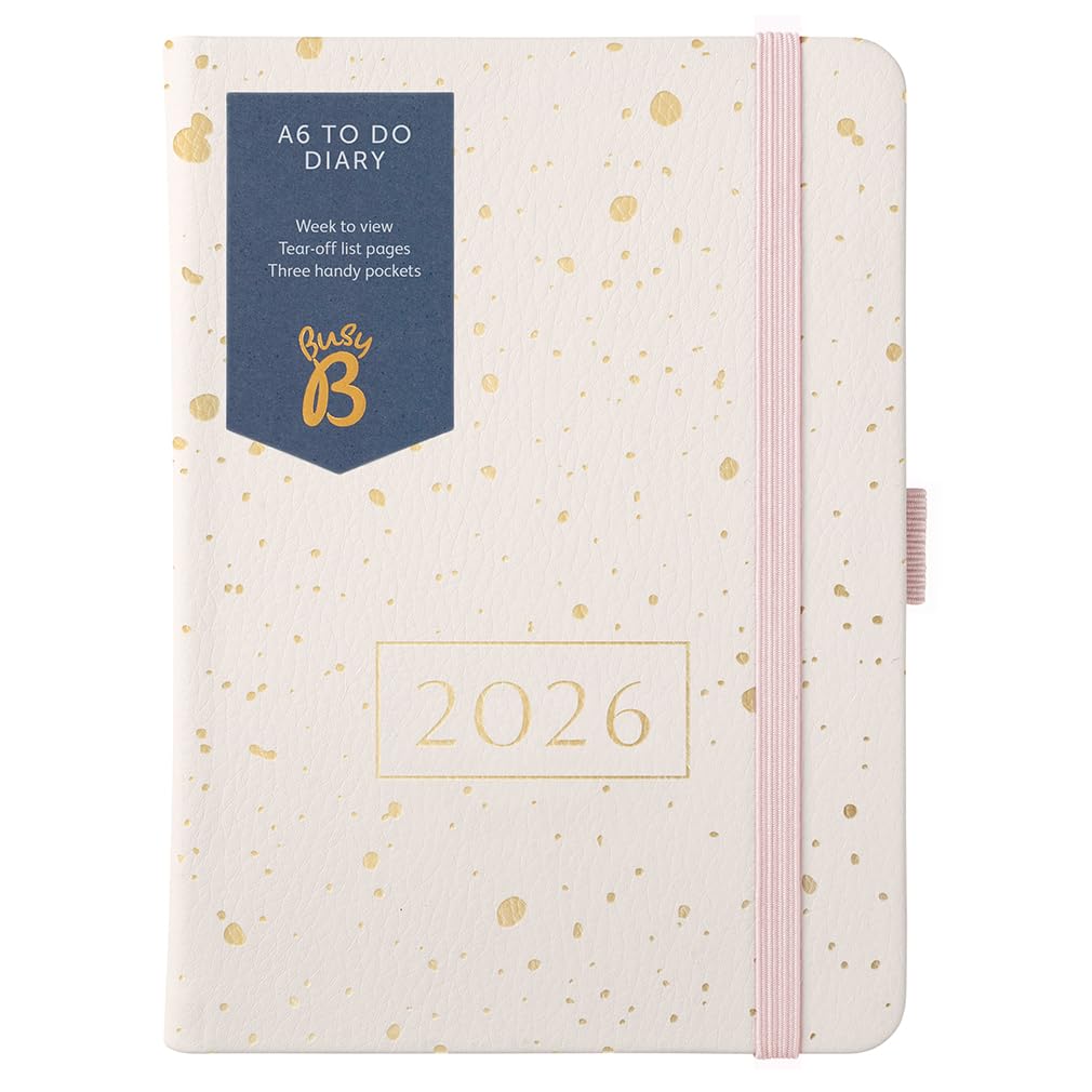 Busy B 2026 Diary - A6 Weekly Planner with To-Do Lists & Notes Pages – Compact Gold Spray Faux Leather Journal - Week-to-View Layout, 3 Pockets & Year Planner